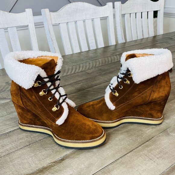 Napoleoni Tan Shearling Suede Leather Lace Up Wedge Platform Winter Boot 9.5 - Picture 5 of 6